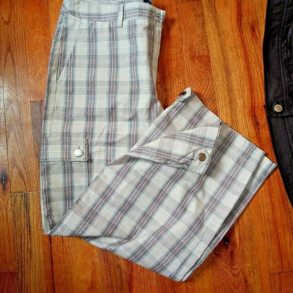 EVAN PICONE pants cropped plaid beige brown cargo pockets sz 12 straight